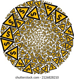 Los signos de advertencia de dólar se combinan en grupos esféricos. Mosaico de burbuja de iconos de advertencia de dólar. Resumen El collage esférico de burbujas se combina con elementos de advertencia en dólares.