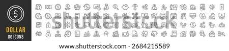 Dollar web icon set. Payment, banknotes, exchange, price, cash, coins, bank, earning, money bag, finance, shop, income, piggy, invest, business, pack. Vector illustration collection.