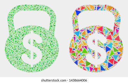 Dollar weight mosaic icon of triangle elements which have variable sizes and shapes and colors. Geometric abstract vector design concept of dollar weight.