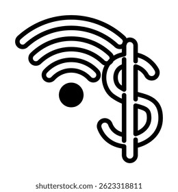 Ícone de linha Dollar e WiFi representando o financiamento on-line e a conectividade digital