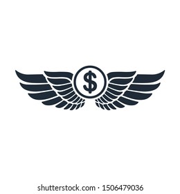 Dollar. Wings. Financial takeoff. Vector icon isolated on white background.