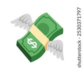 Dollar with wings. Flying money emoji. Dollar stack. Flying money with wings vector emoji. Vector illustration.