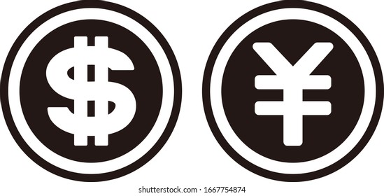
Monedas en dólares y yenes icono vectorial aislado