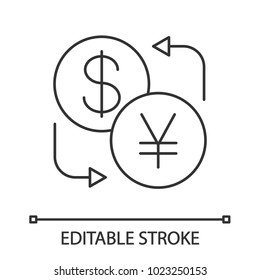 Dollar and yen currency exchange linear icon. Thin line illustration. Refund. Contour symbol. Vector isolated outline drawing. Editable stroke