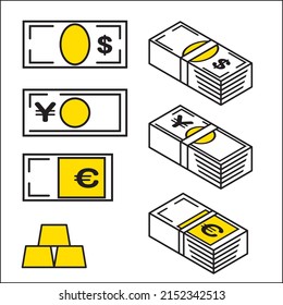 Dollar, yen, euro banknotes, wads, gold nuggets, simple icons with the image of financial finance, illustration set