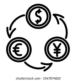 Dollar, Yen, Euro - Coin exchange. Banking services, cash reception, currency exchange. Vector icon, isolated, Outline.