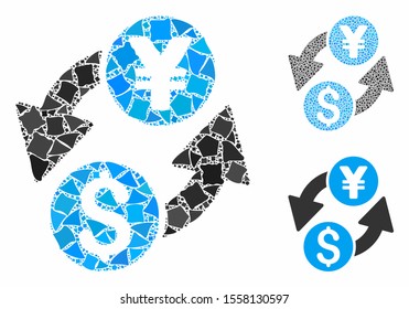 Dollar yen exchange composition of ragged items in variable sizes and color tones, based on dollar yen exchange icon. Vector irregular dots are combined into collage.