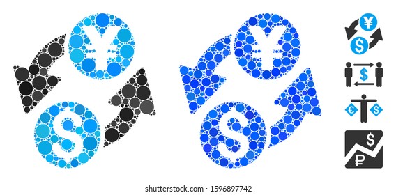 Dollar yen exchange composition of spheric dots in various sizes and shades, based on dollar yen exchange icon. Vector round dots are combined into blue composition.