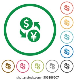 Dollar Yen exchange flat color icons in round outlines