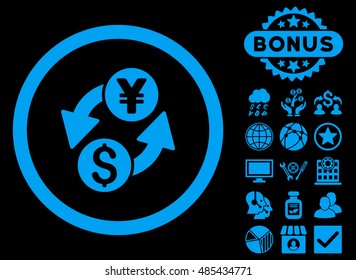 Dollar Yen Exchange icon with bonus design elements. Vector illustration style is flat iconic symbols, blue color, black background.