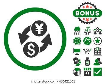 Dollar Yen Exchange icon with bonus elements. Vector illustration style is flat iconic bicolor symbols, green and gray colors, white background.