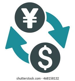 Dollar Yen Exchange icon. Vector style is bicolor flat iconic symbol with rounded angles, soft blue colors, white background.