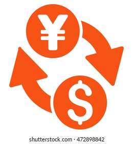 Dollar Yen Exchange icon. Vector style is flat iconic symbol with rounded angles, orange color, white background.
