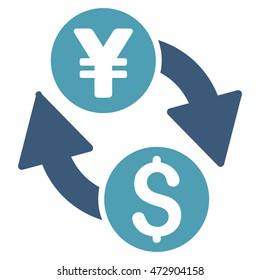 Dollar Yen Exchange icon. Vector style is bicolor flat iconic symbol with rounded angles, cyan and blue colors, white background.