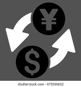 Dollar Yen Exchange icon. Vector style is bicolor flat iconic symbol with rounded angles, black and white colors, gray background.