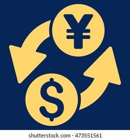 Dollar Yen Exchange icon. Vector style is flat iconic symbol with rounded angles, yellow color, blue background.