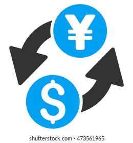 Dollar Yen Exchange icon. Vector style is bicolor flat iconic symbol with rounded angles, blue and gray colors, white background.