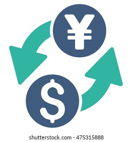 Dollar Yen Exchange icon. Vector style is bicolor flat iconic symbol with rounded angles, cobalt and cyan colors, white background.