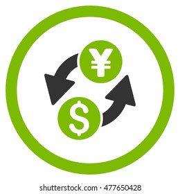 Dollar Yen Exchange rounded icon. Vector illustration style is flat iconic bicolor symbol, eco green and gray colors, white background.