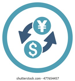 Dollar Yen Exchange rounded icon. Vector illustration style is flat iconic bicolor symbol, cyan and blue colors, white background.