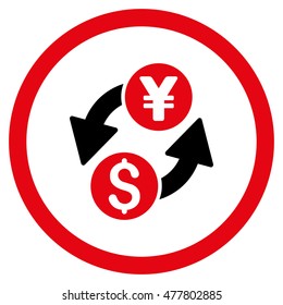 Dollar Yen Exchange rounded icon. Vector illustration style is flat iconic bicolor symbol, intensive red and black colors, white background.