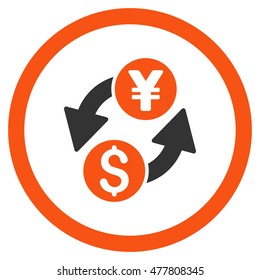 Dollar Yen Exchange rounded icon. Vector illustration style is flat iconic bicolor symbol, orange and gray colors, white background.