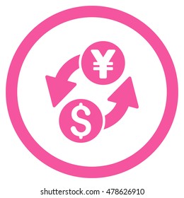Dollar Yen Exchange rounded icon. Vector illustration style is flat iconic symbol, pink color, white background.