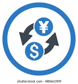 Dollar Yen Exchange rounded icon. Vector illustration style is flat iconic bicolor symbol, smooth blue colors, white background.