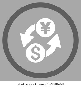 Dollar Yen Exchange vector bicolor rounded icon. Image style is a flat icon symbol inside a circle, dark gray and white colors, silver background.