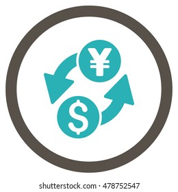 Dollar Yen Exchange vector bicolor rounded icon. Image style is a flat icon symbol inside a circle, grey and cyan colors, white background.