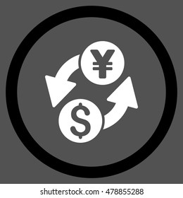 Dollar Yen Exchange vector bicolor rounded icon. Image style is a flat icon symbol inside a circle, black and white colors, gray background.