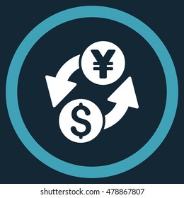 Dollar Yen Exchange vector bicolor rounded icon. Image style is a flat icon symbol inside a circle, blue and white colors, dark blue background.