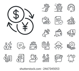 Signo de dinero de dólar a yen. Dinero en efectivo, préstamos e iconos de esquema de hipotecas. Icono de línea de cambio de moneda. Convertir símbolo de moneda. Signo de línea de cambio de moneda. Tarjeta de crédito, icono de cartera criptográfica. Vector