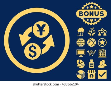 Dollar Yuan Exchange icon with bonus elements. Vector illustration style is flat iconic symbols, yellow color, blue background.