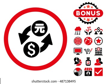 Dollar Yuan Exchange icon with bonus pictures. Vector illustration style is flat iconic bicolor symbols, intensive red and black colors, white background.