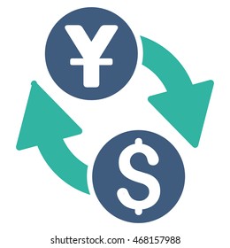 Dollar Yuan Exchange icon. Vector style is bicolor flat iconic symbol with rounded angles, cobalt and cyan colors, white background.