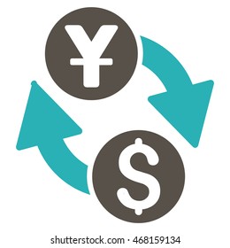Dollar Yuan Exchange icon. Vector style is bicolor flat iconic symbol with rounded angles, grey and cyan colors, white background.