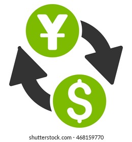 Dollar Yuan Exchange icon. Vector style is bicolor flat iconic symbol with rounded angles, eco green and gray colors, white background.