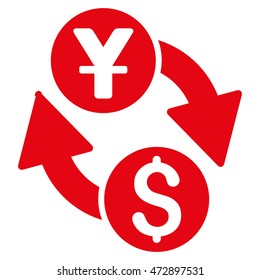 Dollar Yuan Exchange icon. Vector style is flat iconic symbol with rounded angles, red color, white background.