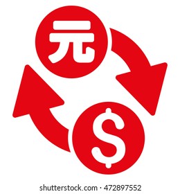 Dollar Yuan Exchange icon. Vector style is flat iconic symbol with rounded angles, red color, white background.