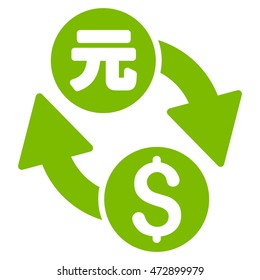 Dollar Yuan Exchange icon. Vector style is flat iconic symbol with rounded angles, eco green color, white background.