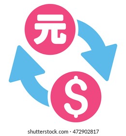 Dollar Yuan Exchange icon. Vector style is bicolor flat iconic symbol with rounded angles, pink and blue colors, white background.