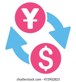 Dollar Yuan Exchange icon. Vector style is bicolor flat iconic symbol with rounded angles, pink and blue colors, white background.