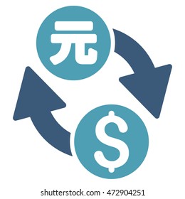 Dollar Yuan Exchange icon. Vector style is bicolor flat iconic symbol with rounded angles, cyan and blue colors, white background.