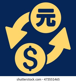 Dollar Yuan Exchange icon. Vector style is flat iconic symbol with rounded angles, yellow color, blue background.