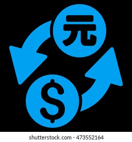 Dollar Yuan Exchange icon. Vector style is flat iconic symbol with rounded angles, blue color, black background.