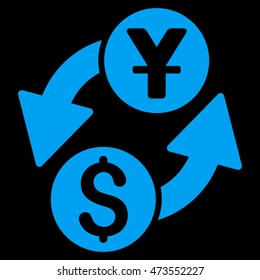 Dollar Yuan Exchange icon. Vector style is flat iconic symbol with rounded angles, blue color, black background.