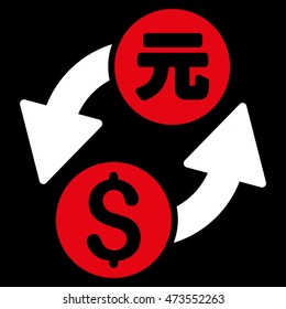 Dollar Yuan Exchange icon. Vector style is bicolor flat iconic symbol with rounded angles, red and white colors, black background.
