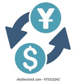 Dollar Yuan Exchange icon. Vector style is bicolor flat iconic symbol with rounded angles, cyan and blue colors, white background.