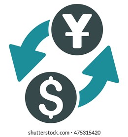 Dollar Yuan Exchange icon. Vector style is bicolor flat iconic symbol with rounded angles, soft blue colors, white background.